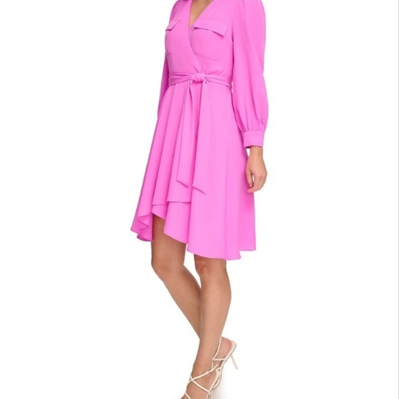 DKNY Pink Women's Long Sleeve Collar Solid Fit and Flare Dress with Pockets - Picture 4 of 5